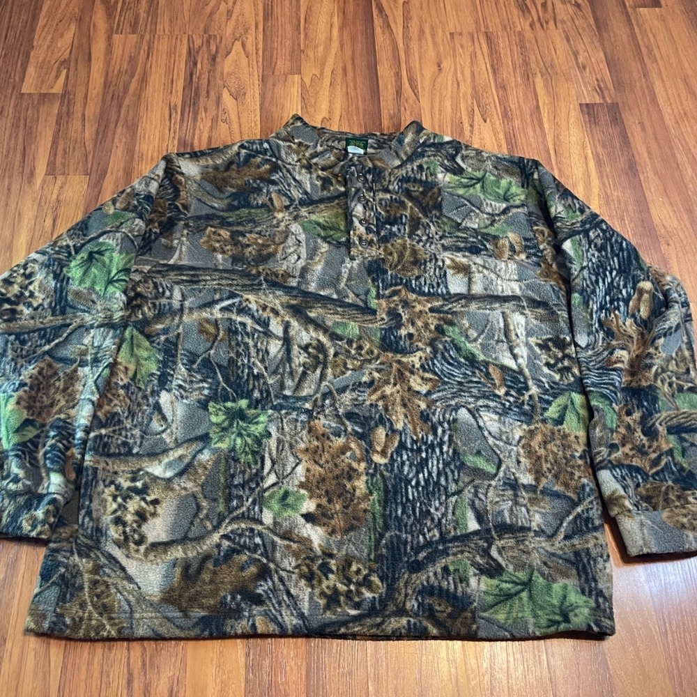 Cabelas Camo Fleece Henley Pullover Mens 2XL Forest Camouflage Hunting Shirt